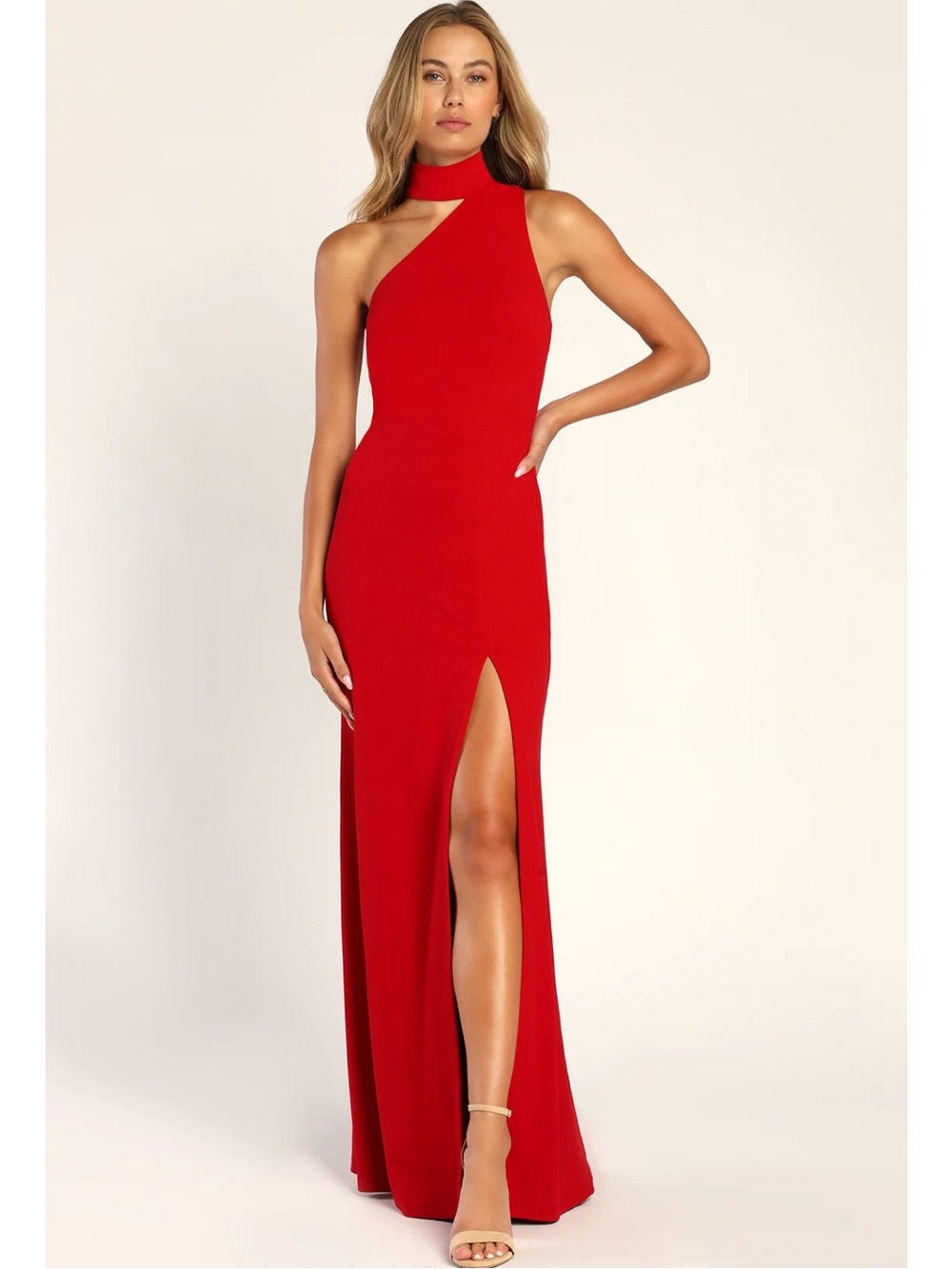 Lulus Keep It Interesting Red Asymmetrical Cutout Halter Crepe Maxi Dress XS